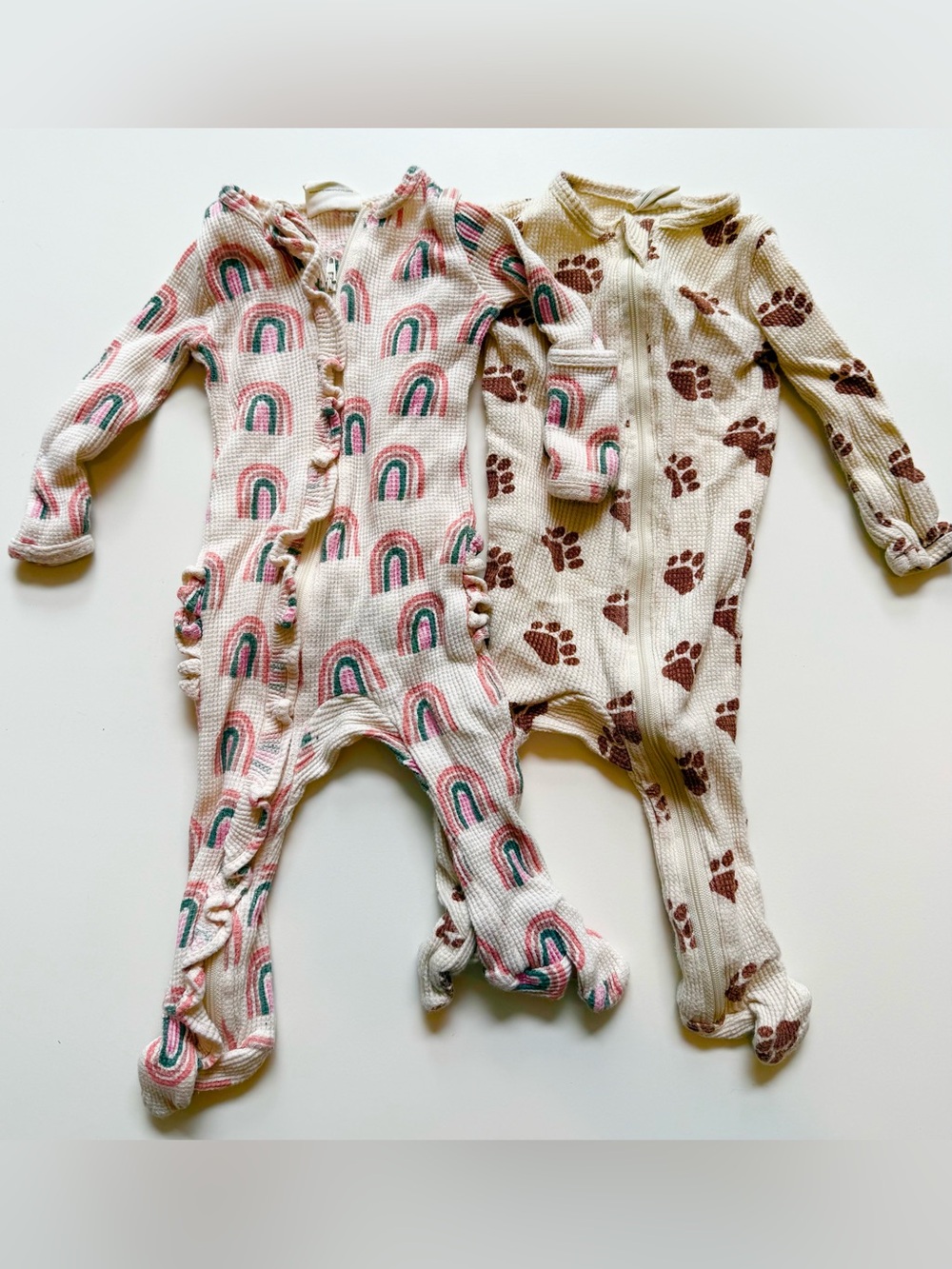 Spearmint Love 3-6m Rainbow and Cream Paw-Print One-Piece Sleepers - Set of 2